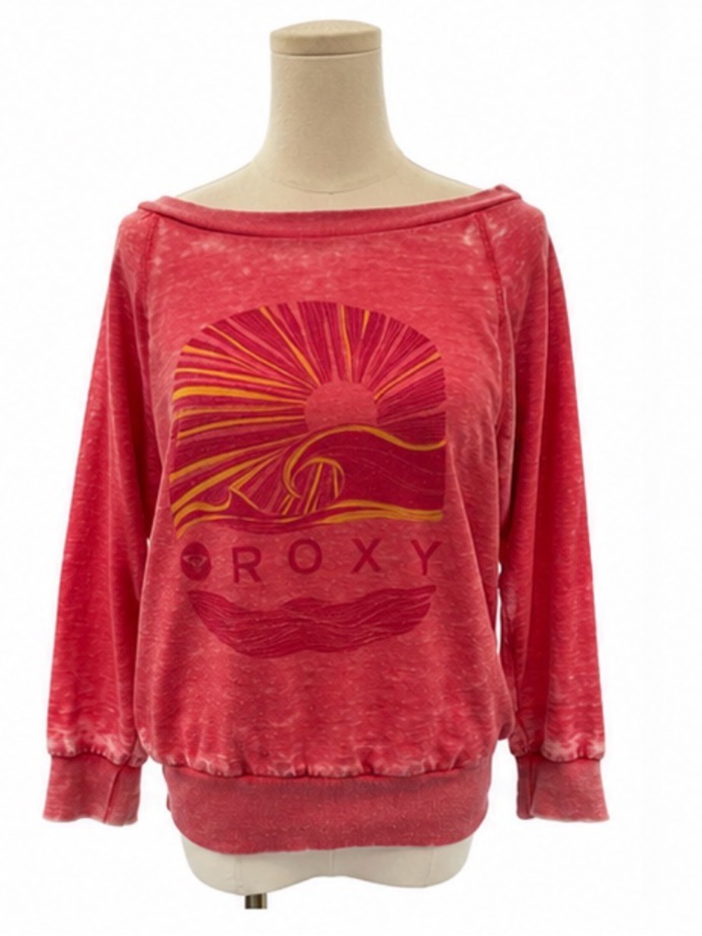 Roxy Size Large Red Burnout Graphic Sweatshirt Wide Neck Surf Beach Pullover
